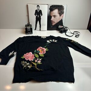 LOFT Black Sweater with Pink Floral Embroidery